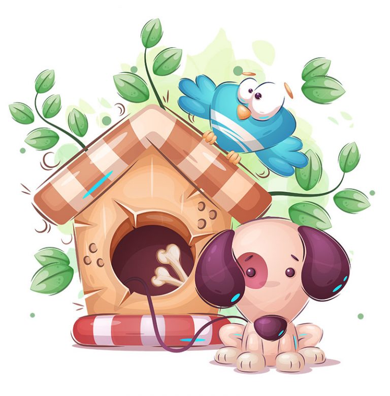 graphic of a dog and bird next to a dog house